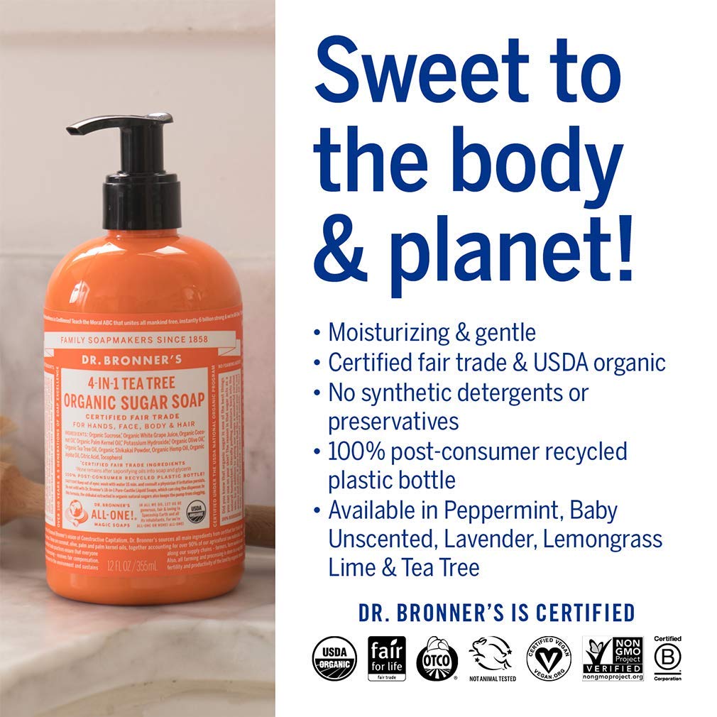 Dr. Bronner's organic sugar and shikakai powder highlight gentle cleansing.