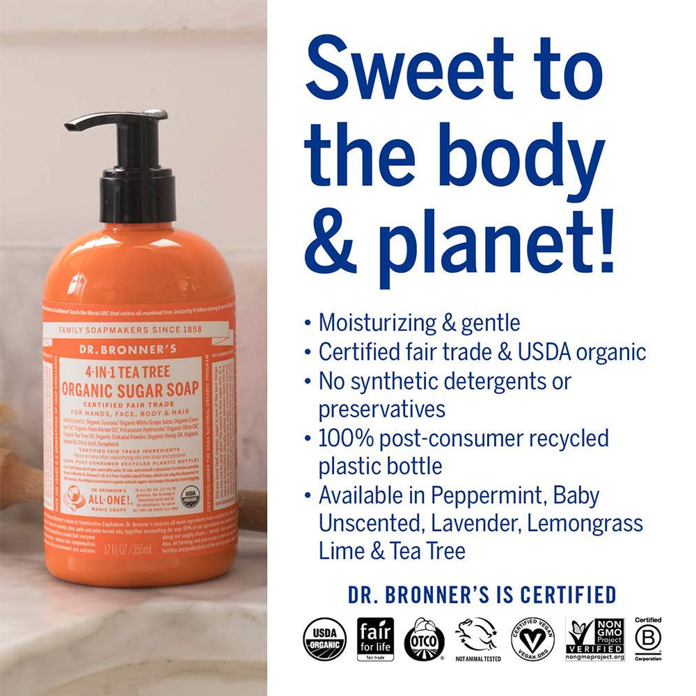 Dr. Bronner's organic sugar and shikakai powder highlight gentle cleansing.