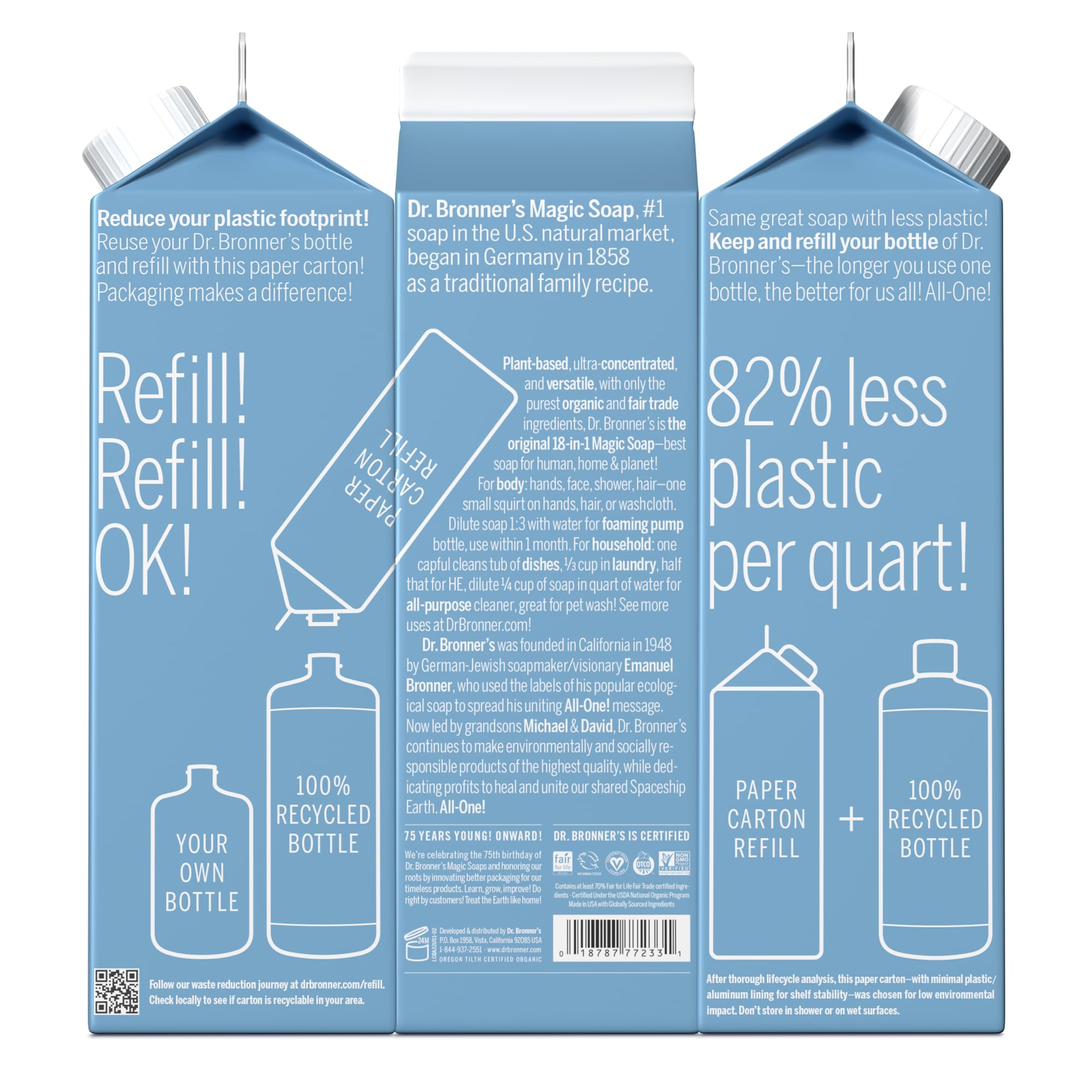 Dr. Bronner's aceites orgánicos certificados en jabón, base natural para la limpieza.