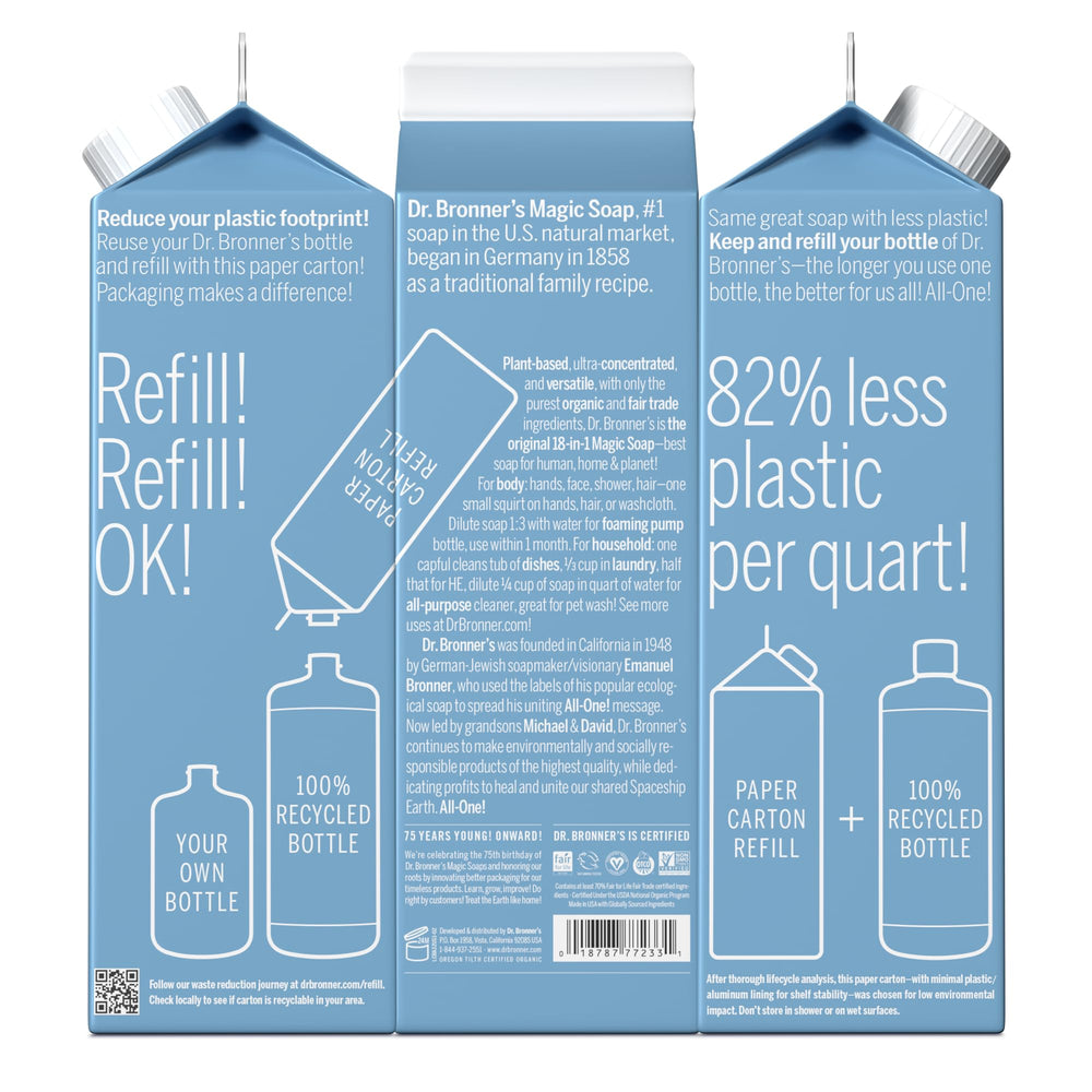 Dr. Bronner's aceites orgánicos certificados en jabón, base natural para la limpieza.