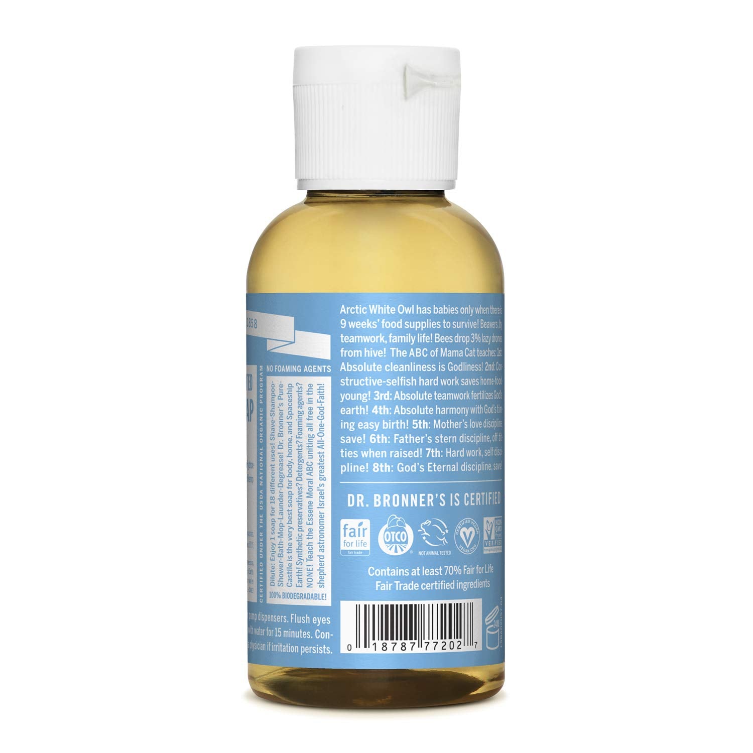 Dr. Bronner’s aceites orgánicos certificados y etiqueta clara.