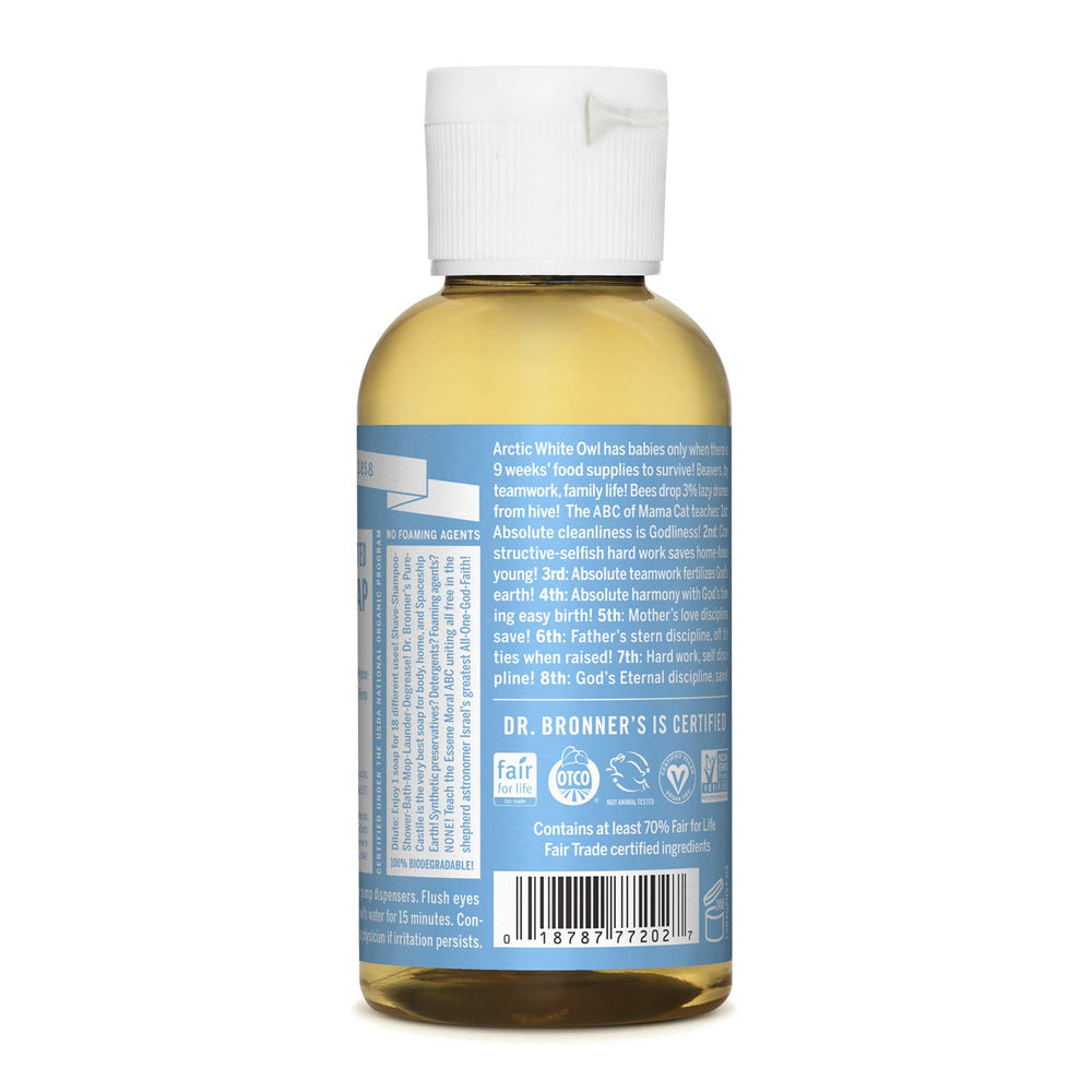 Dr. Bronner’s aceites orgánicos certificados y etiqueta clara.