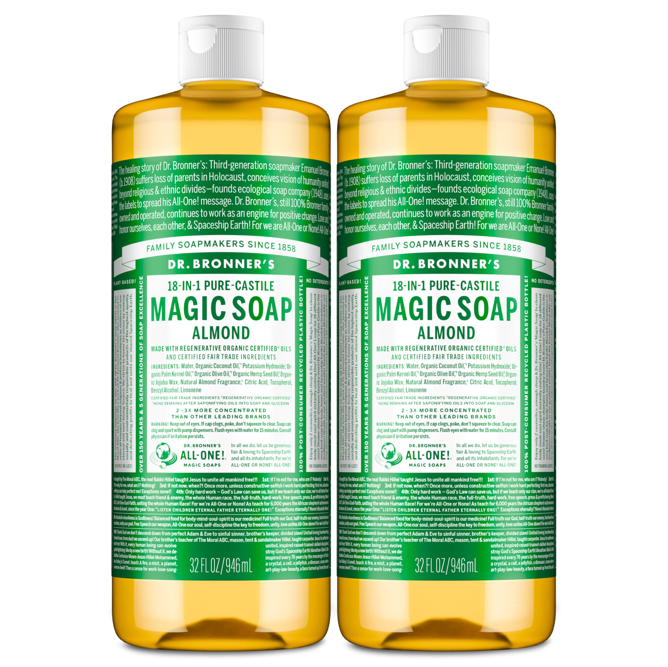 Dr. Bronner's almond pure-castile bottle front for face, hair, and body cleansing.