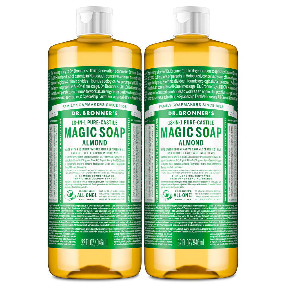 Dr. Bronner's almond pure-castile bottle front for face, hair, and body cleansing.