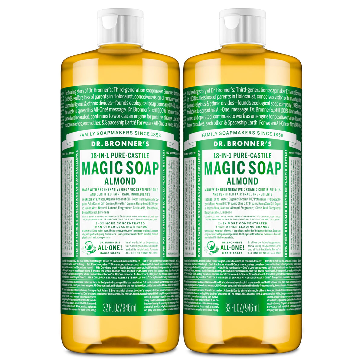 Dr. Bronner's almond pure-castile bottle front for face, hair, and body cleansing.