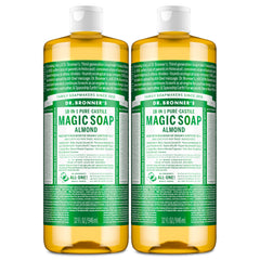 Dr. Bronner's almond pure-castile bottle front for face, hair, and body cleansing.
