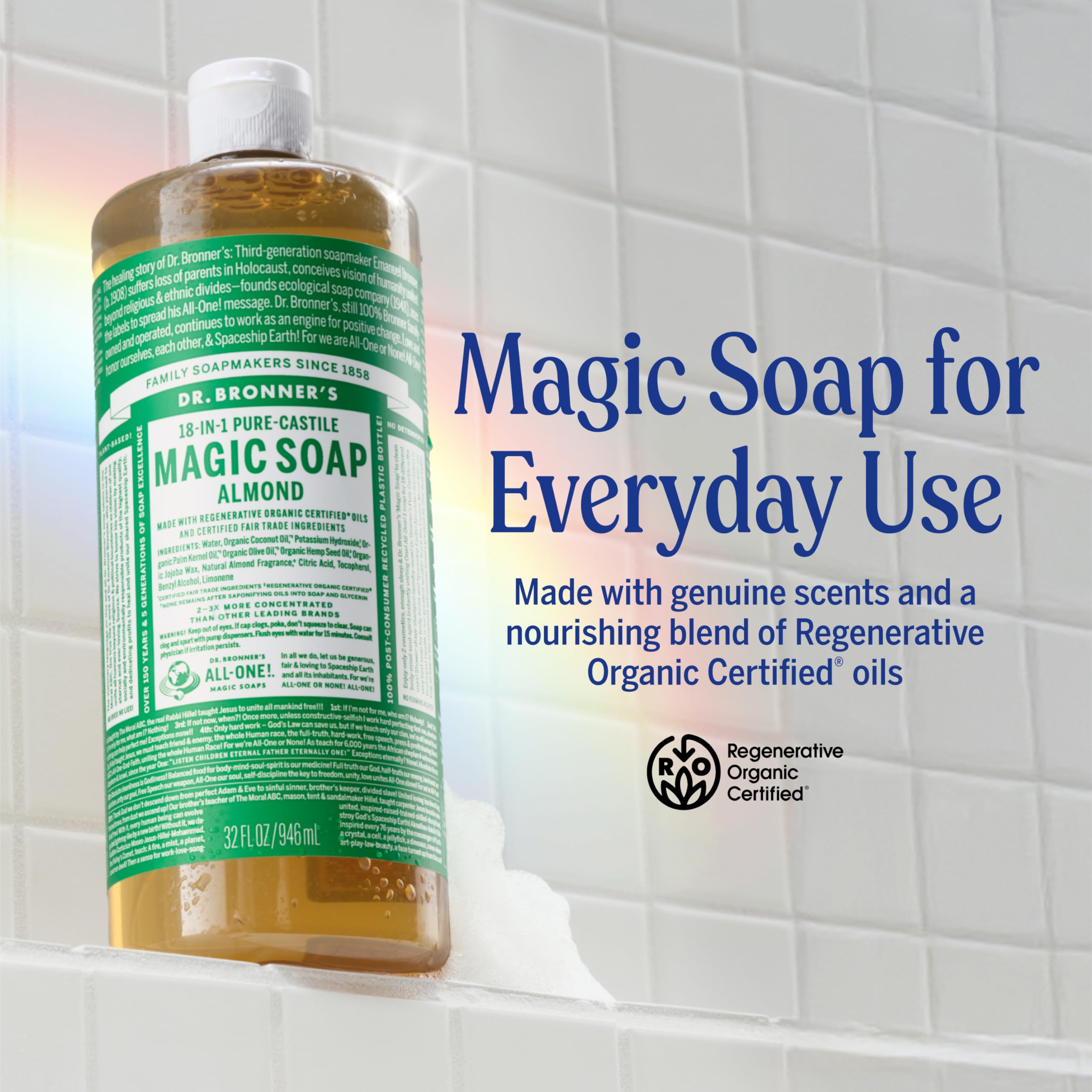 Dr. Bronner's almond pure-castile bottle being poured from the pump for dilution use.
