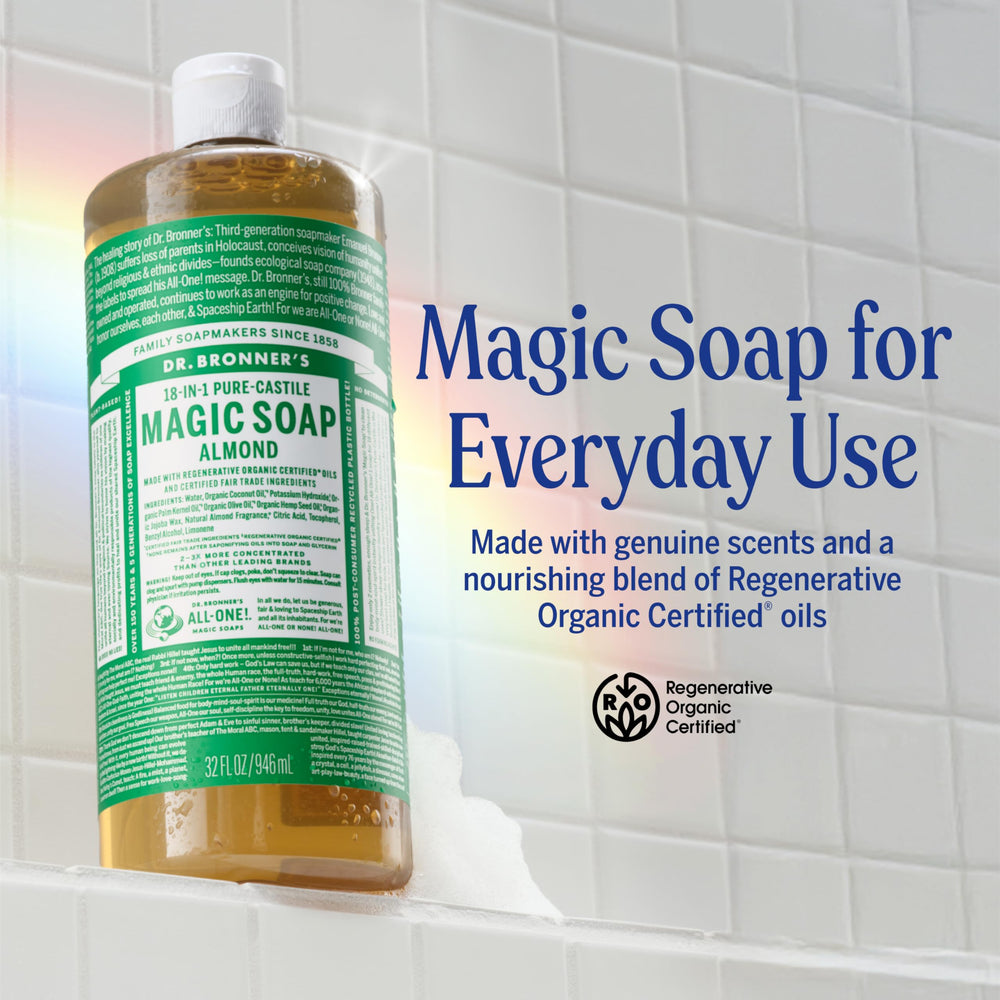 Dr. Bronner's almond pure-castile bottle being poured from the pump for dilution use.