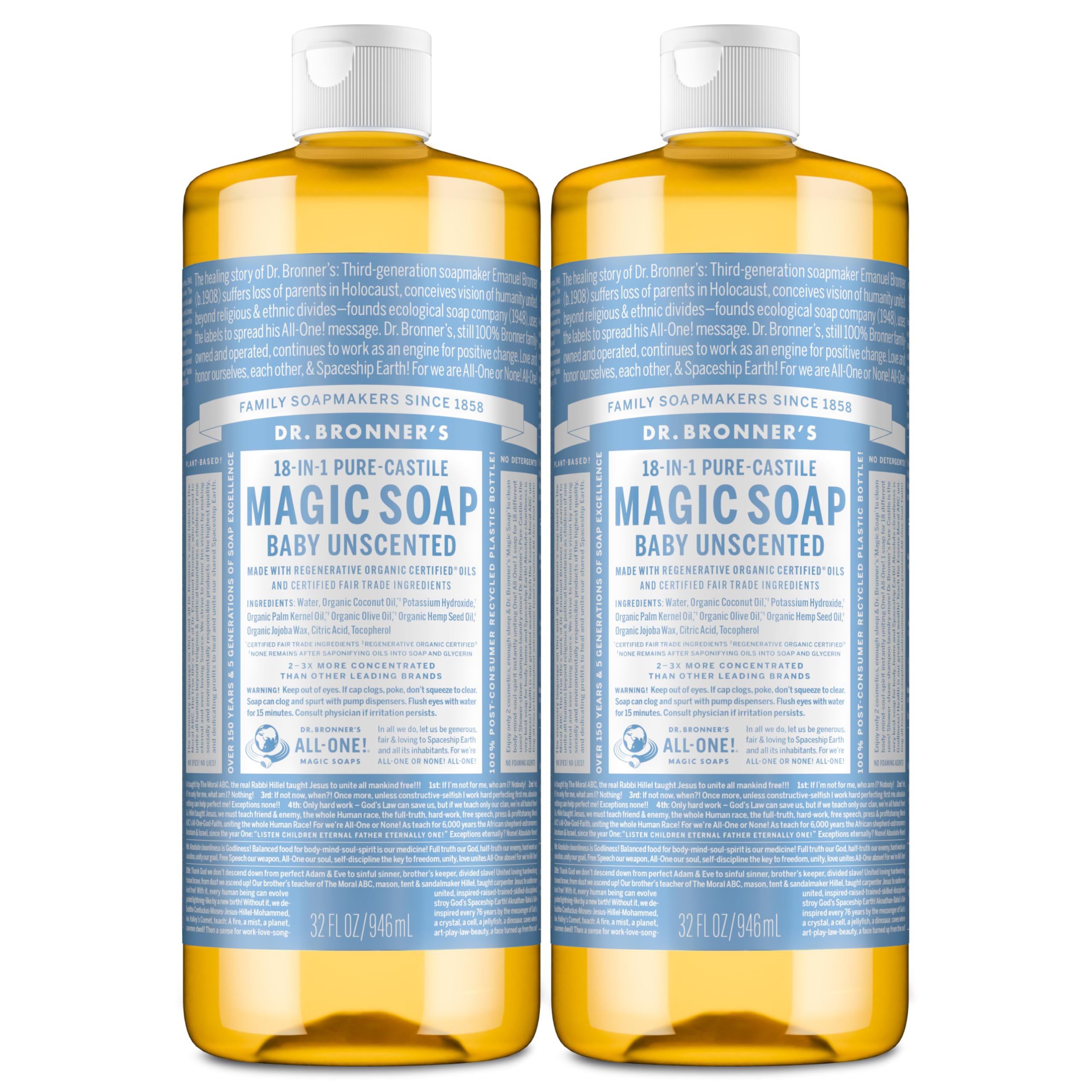 Dr. Bronner's Baby Unscented 32oz bottle pouring for versatile cleaning and skin care