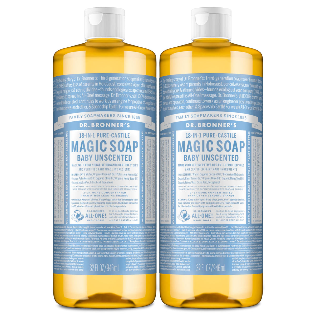 Dr. Bronner's Baby Unscented 32oz bottle pouring for versatile cleaning and skin care