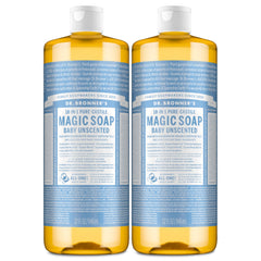 Dr. Bronner's Baby Unscented 32oz bottle pouring for versatile cleaning and skin care