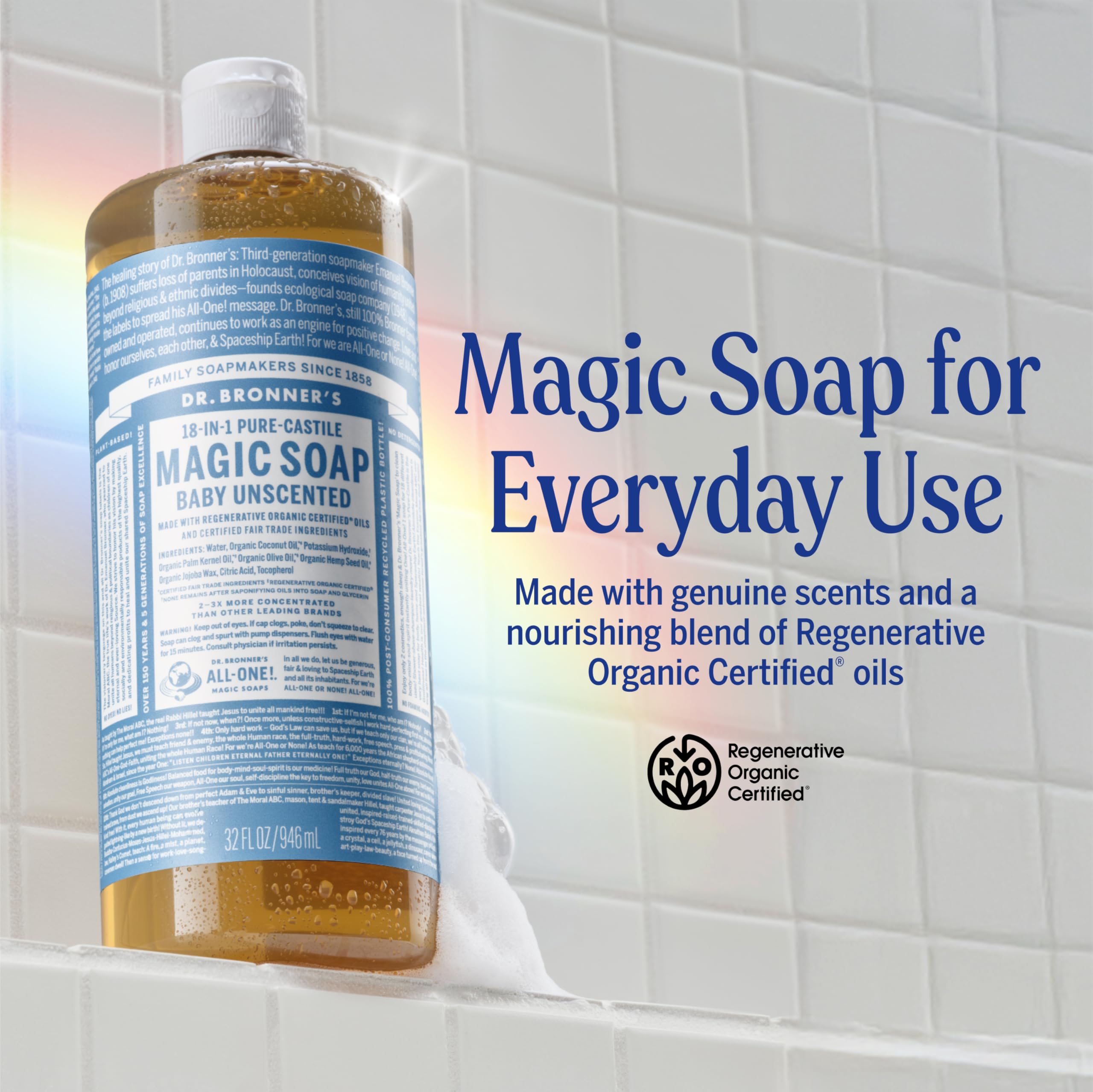 Dr. Bronner's Baby Unscented lather close-up showing rich foam for sensitive skin