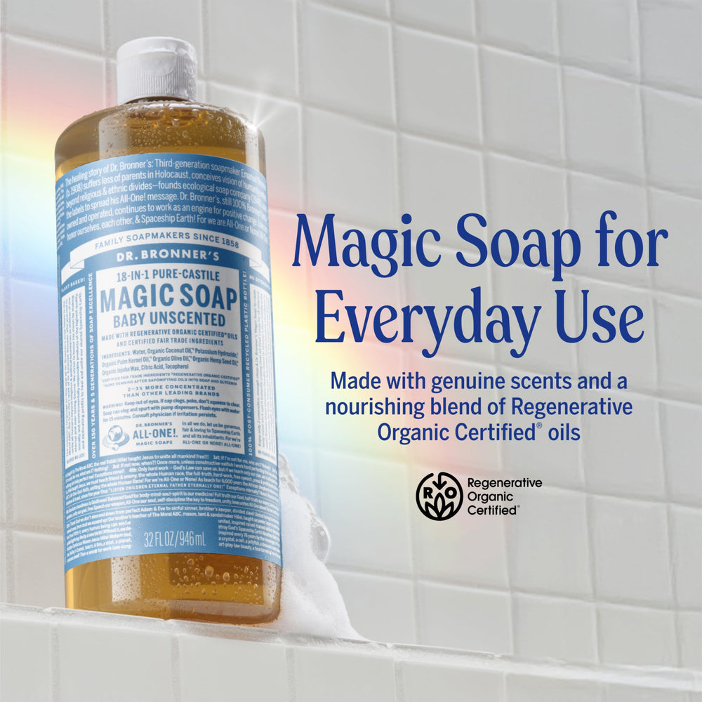 Dr. Bronner's Baby Unscented lather close-up showing rich foam for sensitive skin