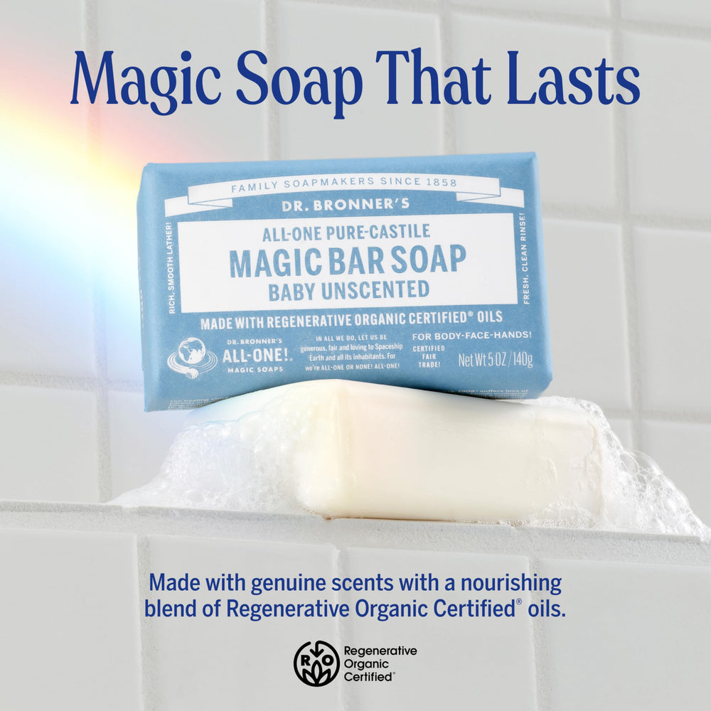 Dr. Bronner's Baby Unscented Magic Bar, front view in a 12-pack, keeps skin happy and clean