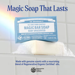 Dr. Bronner's Baby Unscented Magic Bar, front view in a 12-pack, keeps skin happy and clean