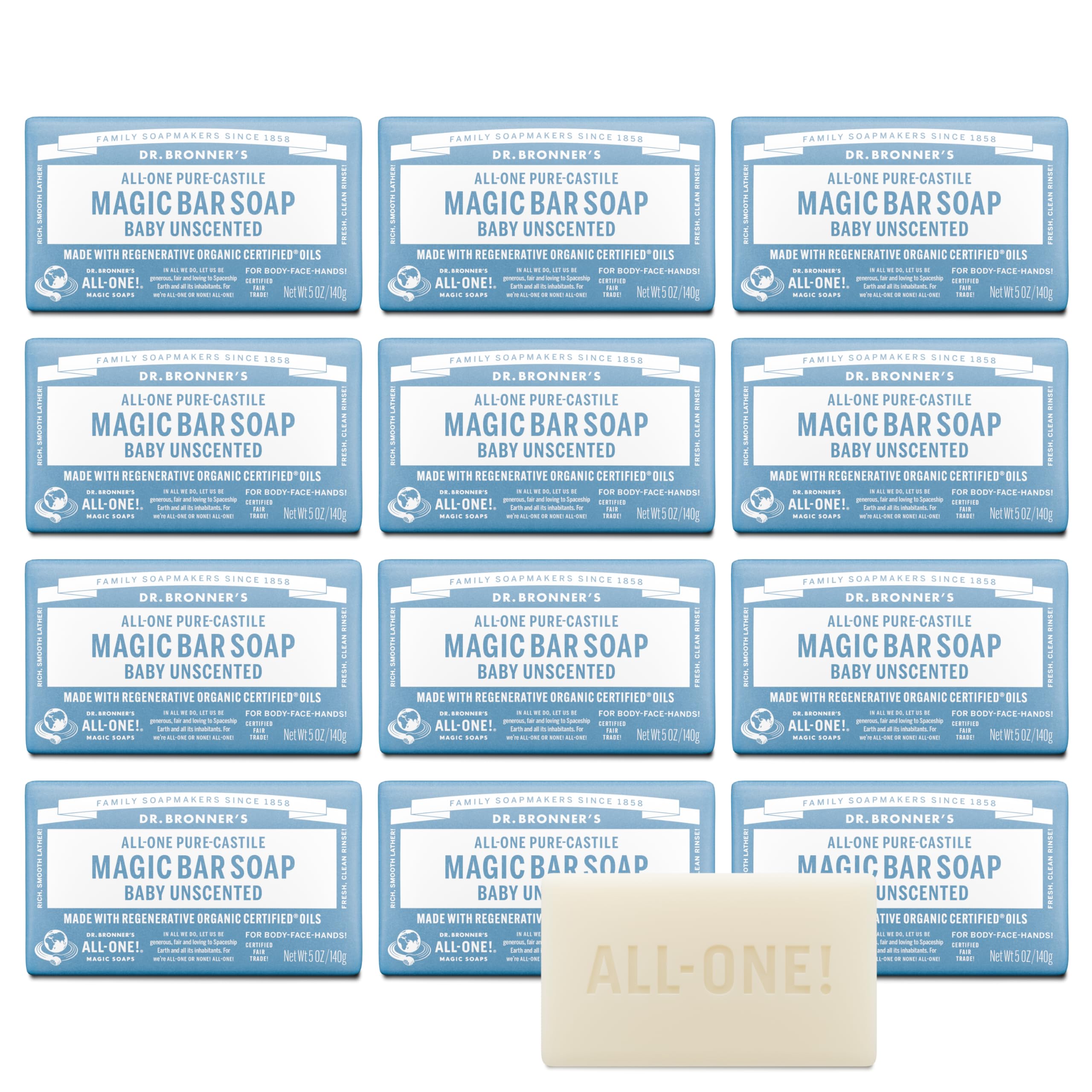 Dr. Bronner's Baby Unscented Magic Bar on pack front, gentle cleansing for delicate skin
