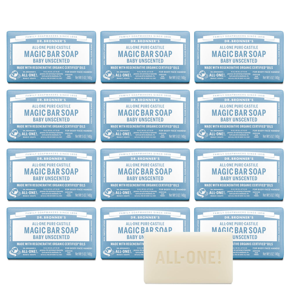Dr. Bronner's Baby Unscented Magic Bar on pack front, gentle cleansing for delicate skin