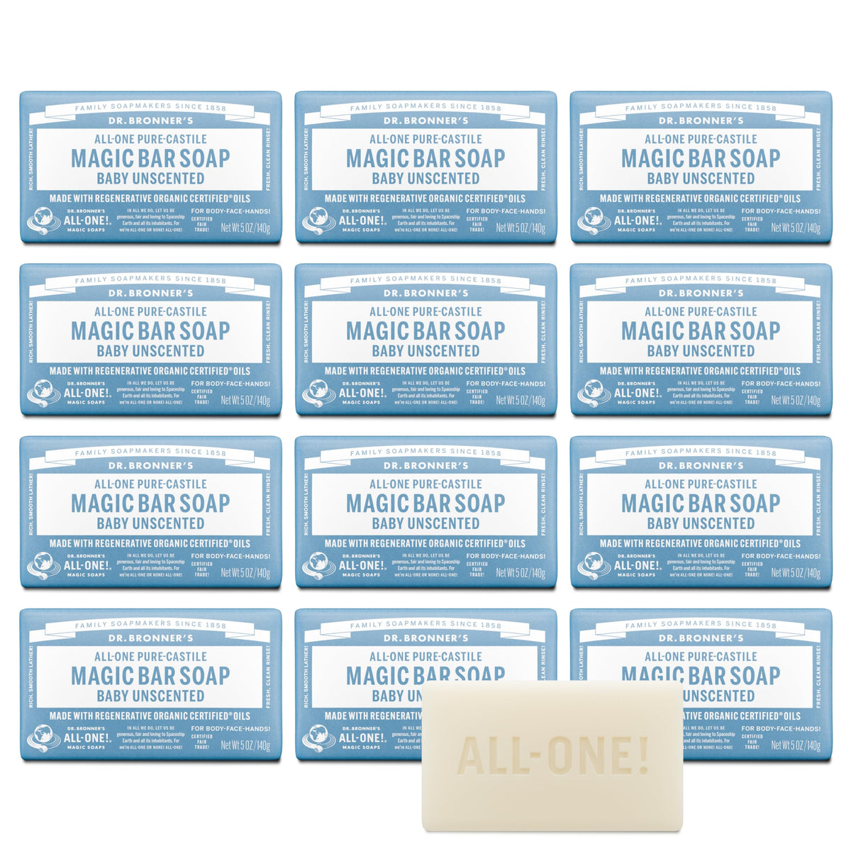 Dr. Bronner's Baby Unscented Magic Bar on pack front, gentle cleansing for delicate skin