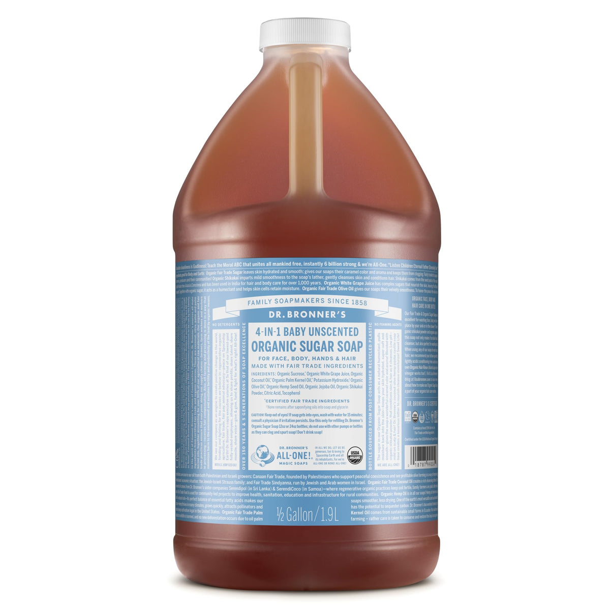 Dr. Bronner's Baby Unscented Sugar Soap bottle, 64 oz, for gentle cleansing