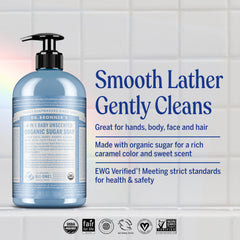 Dr. Bronner's Baby Unscented Sugar Soap being poured, showing mild lather