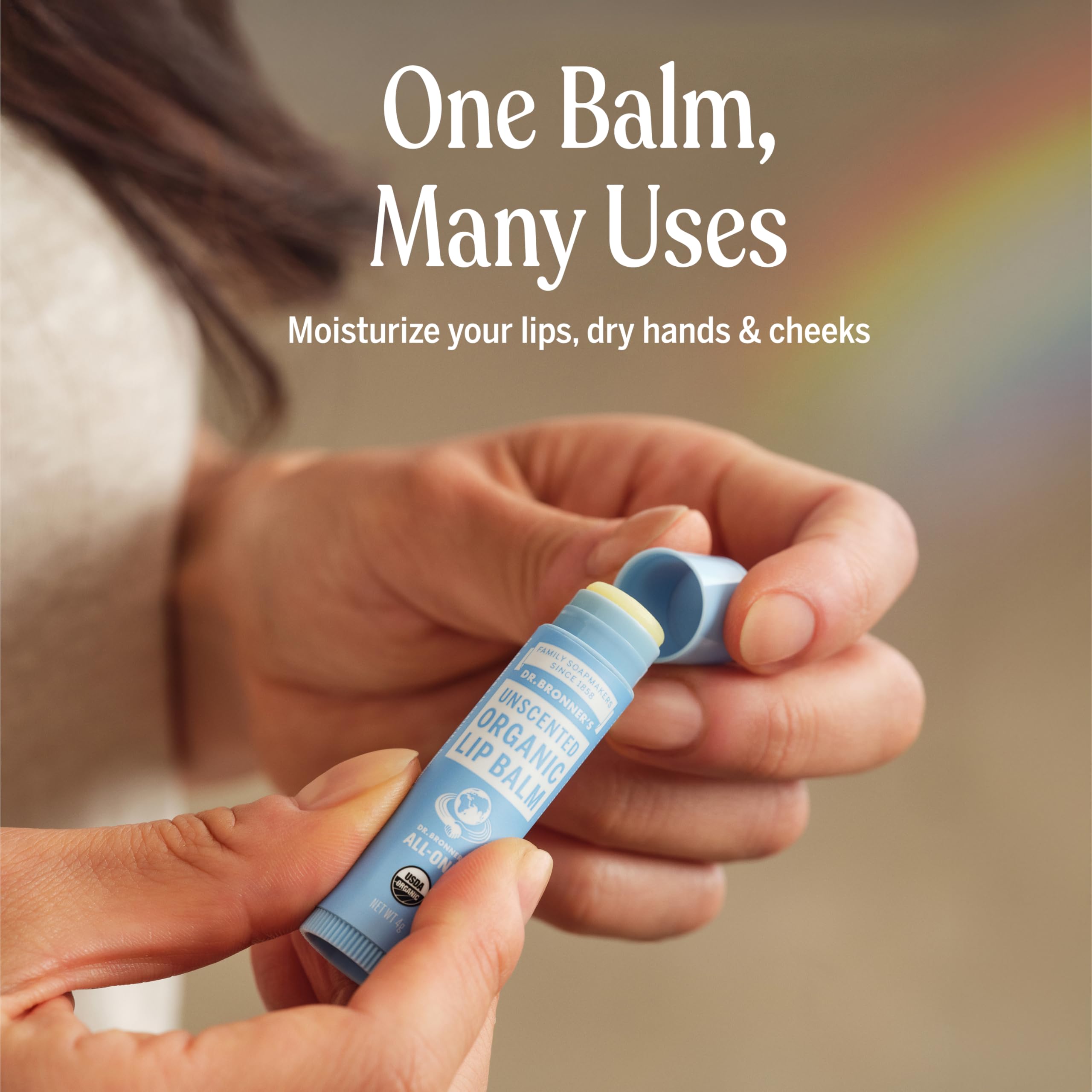 Dr. Bronner's Balsamo Labial Usos Múltiples para labios, manos y cutículas.