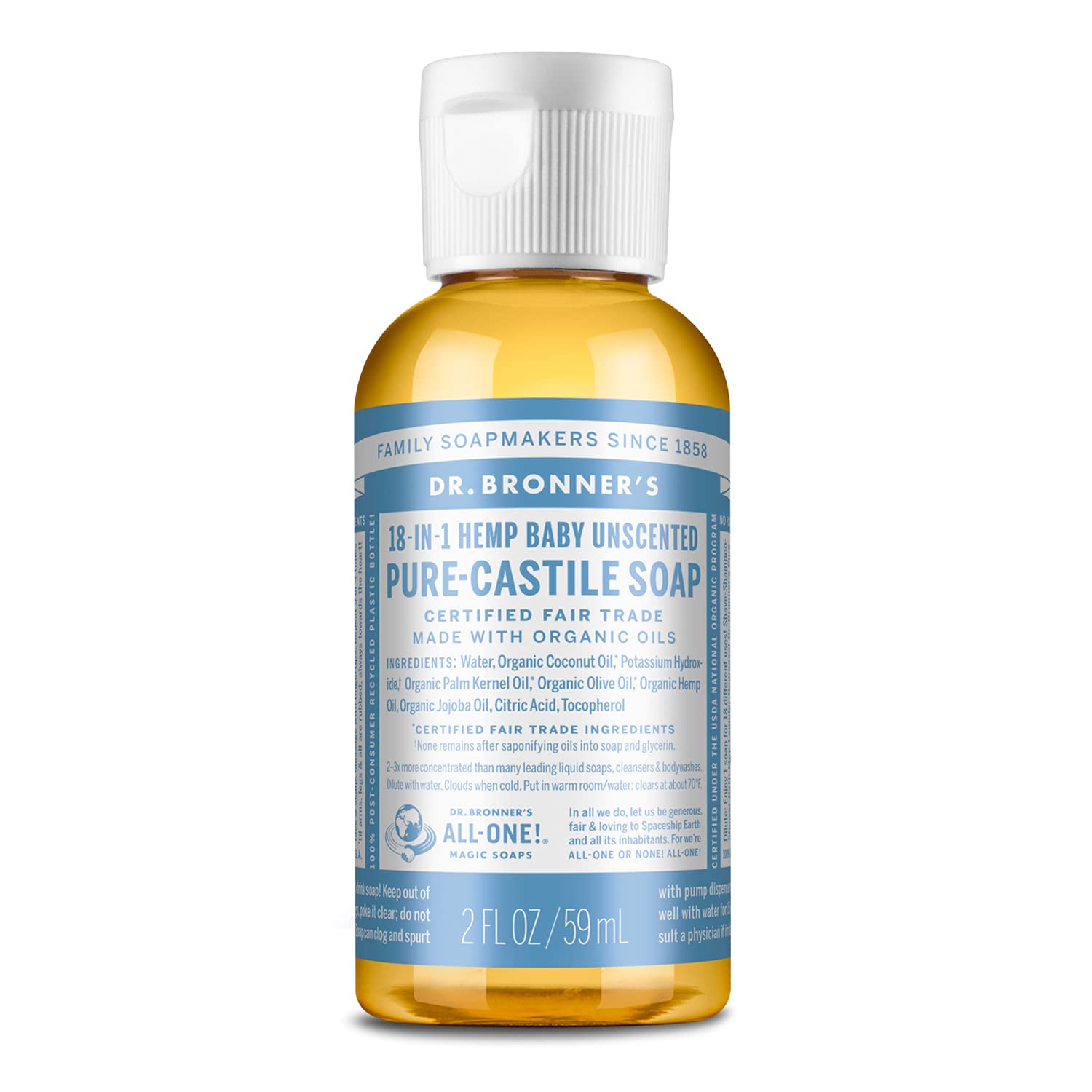 Dr. Bronner’s Jabón Castile bebé sin aroma en botella de viaje, suave para la piel.