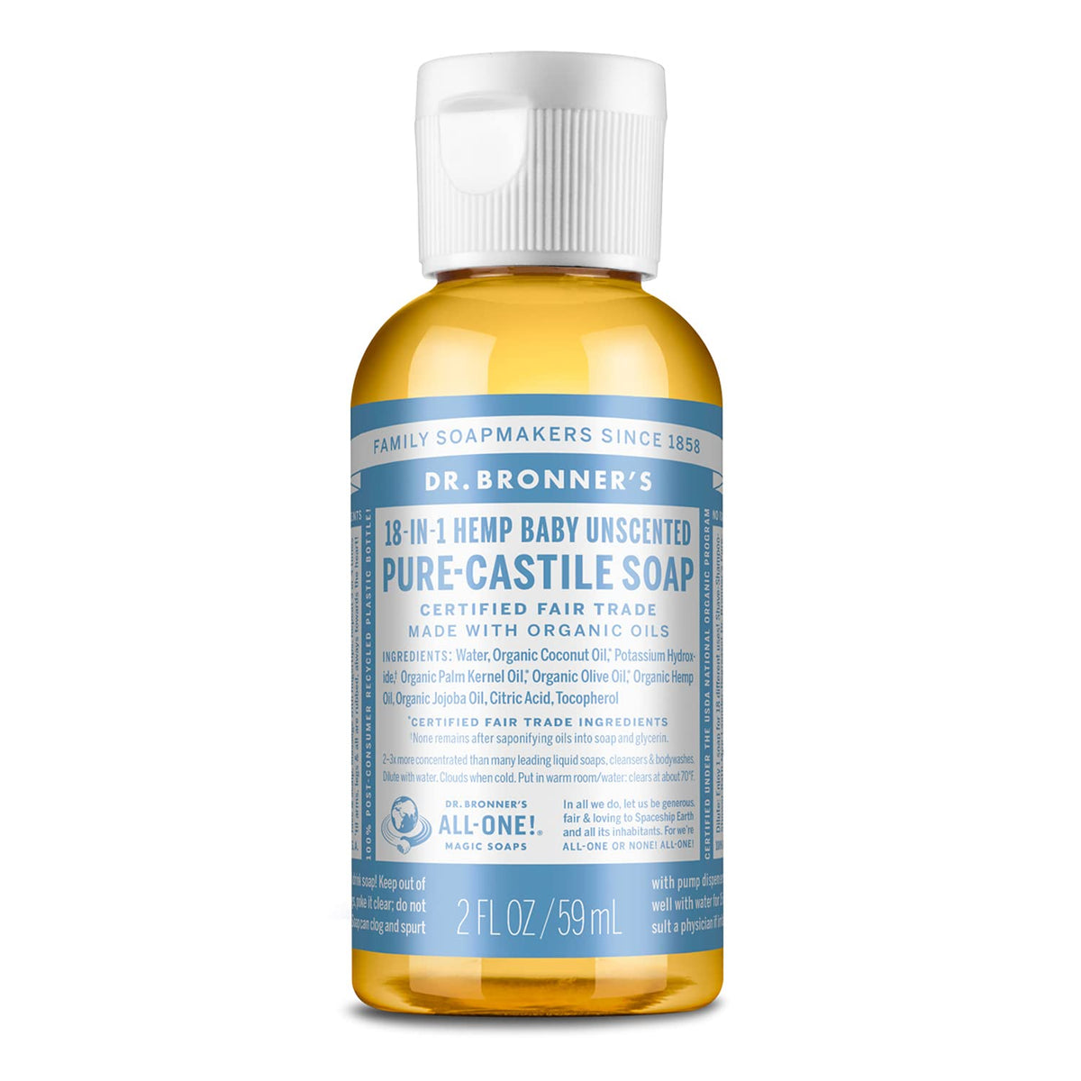 Dr. Bronner’s Jabón Castile bebé sin aroma en botella de viaje, suave para la piel.