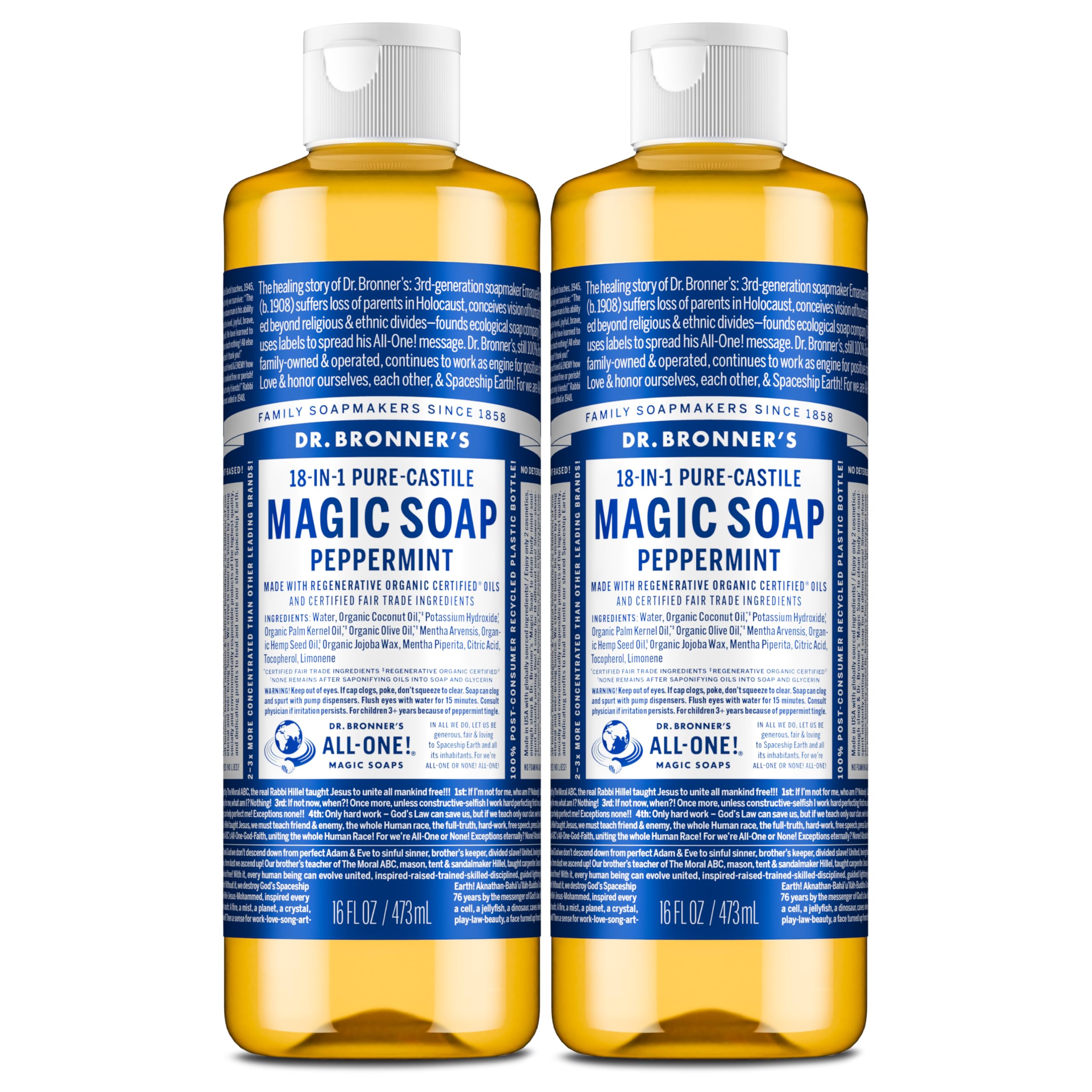 Dr. Bronner’s jabón castile menta, botella doble para uso diario en cuerpo y manos.