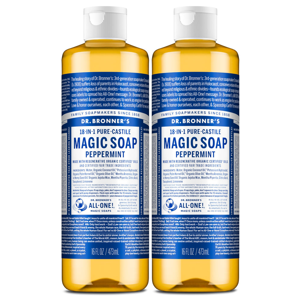 Dr. Bronner’s jabón castile menta, botella doble para uso diario en cuerpo y manos.