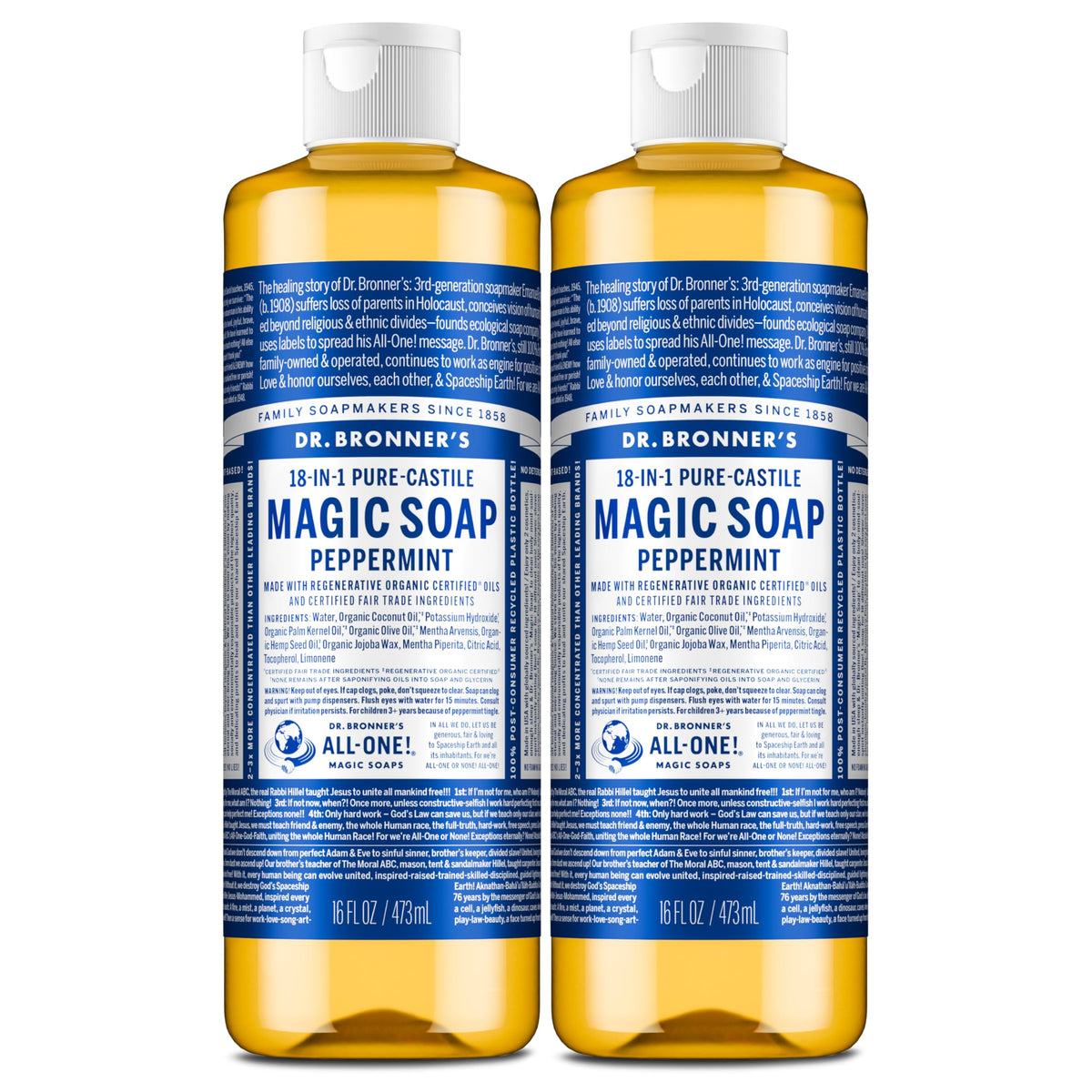 Dr. Bronner’s jabón castile menta, botella doble para uso diario en cuerpo y manos.