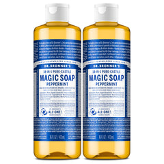 Dr. Bronner’s jabón castile menta, botella doble para uso diario en cuerpo y manos.