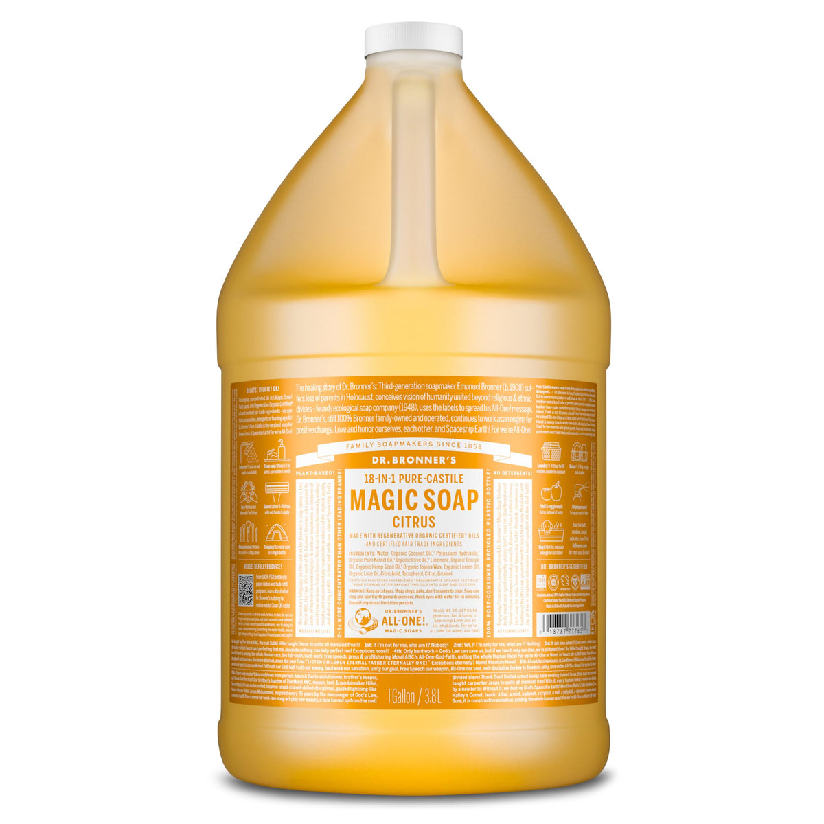 Dr. Bronner's Citrus Pure-Castile bottle viewed, versatile cleanser for skin and surfaces