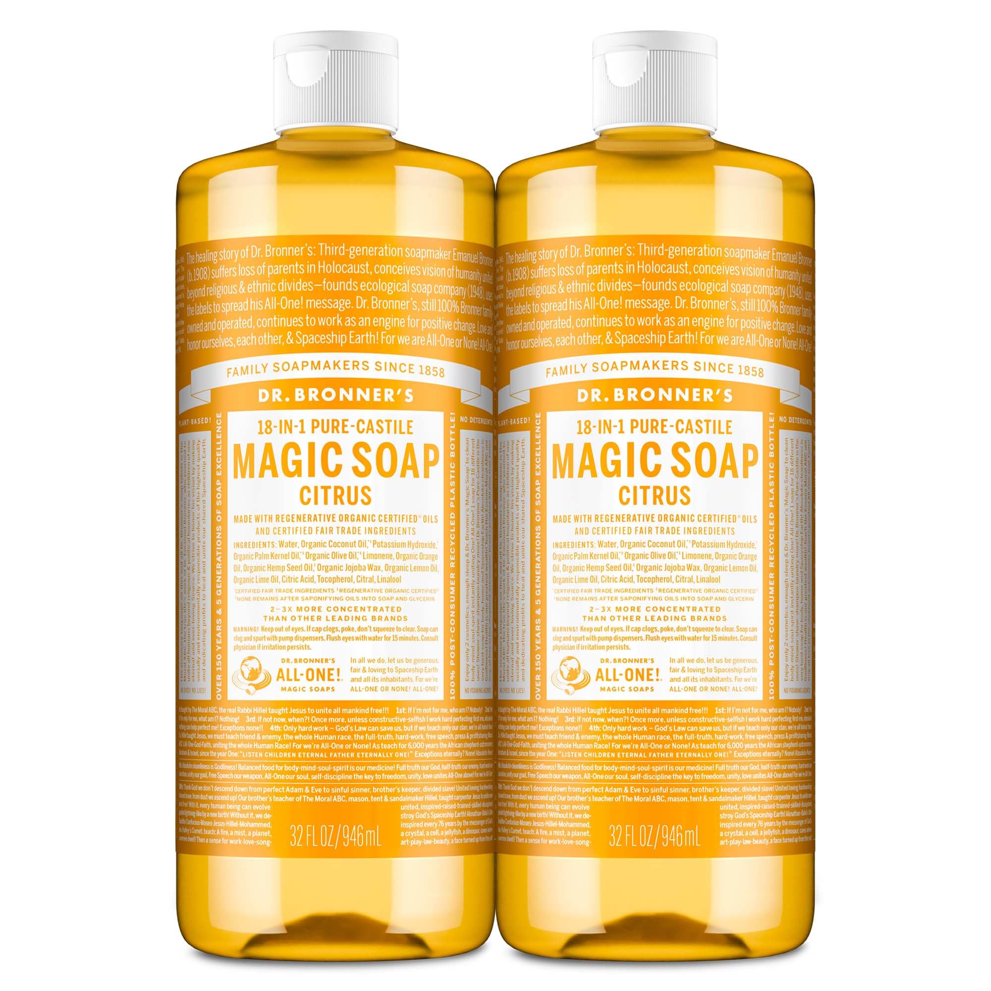 Dr. Bronner's Citrus bottle pour for multi-use cleansing on skin