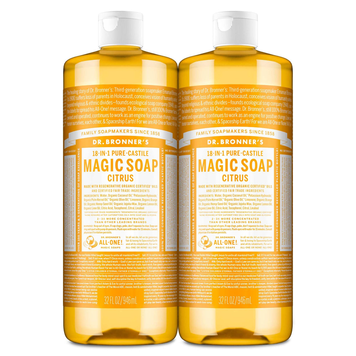 Dr. Bronner's Citrus bottle pour for multi-use cleansing on skin