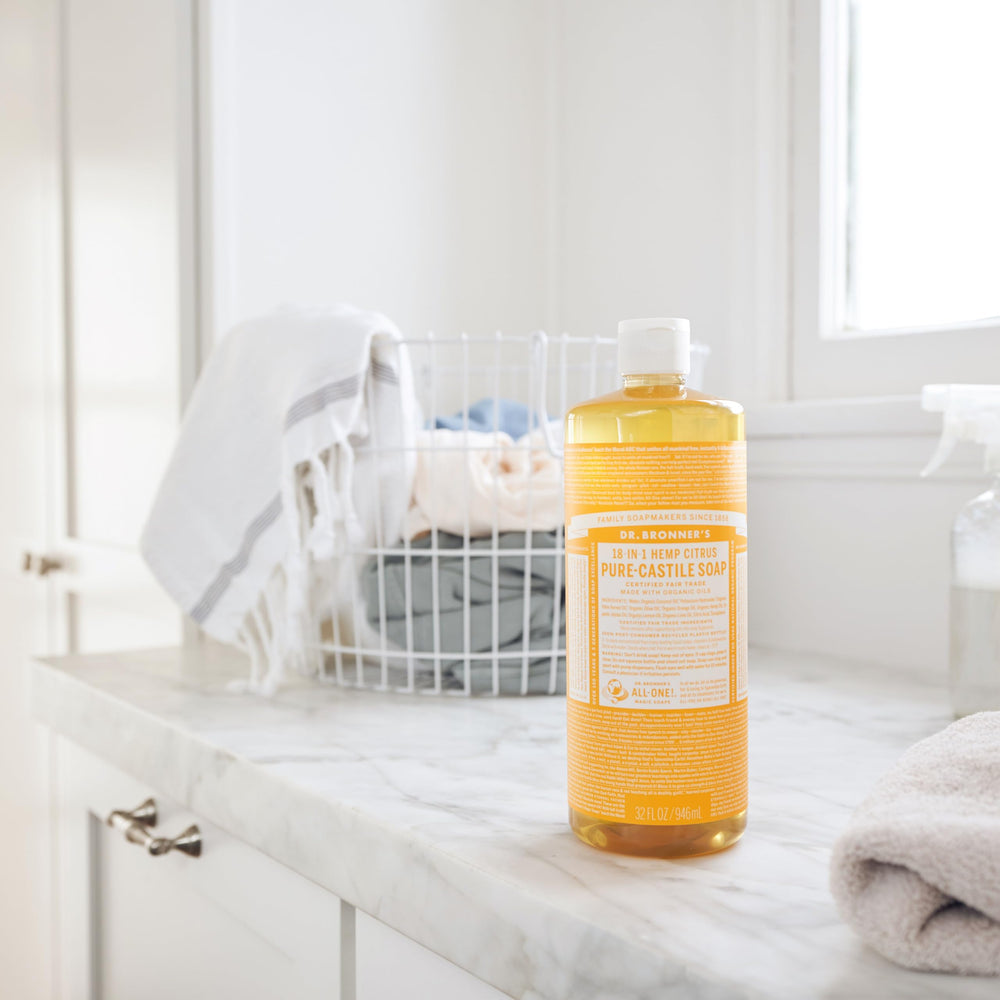 Dr. Bronner's Citrus bottle used for pet washing and skin care