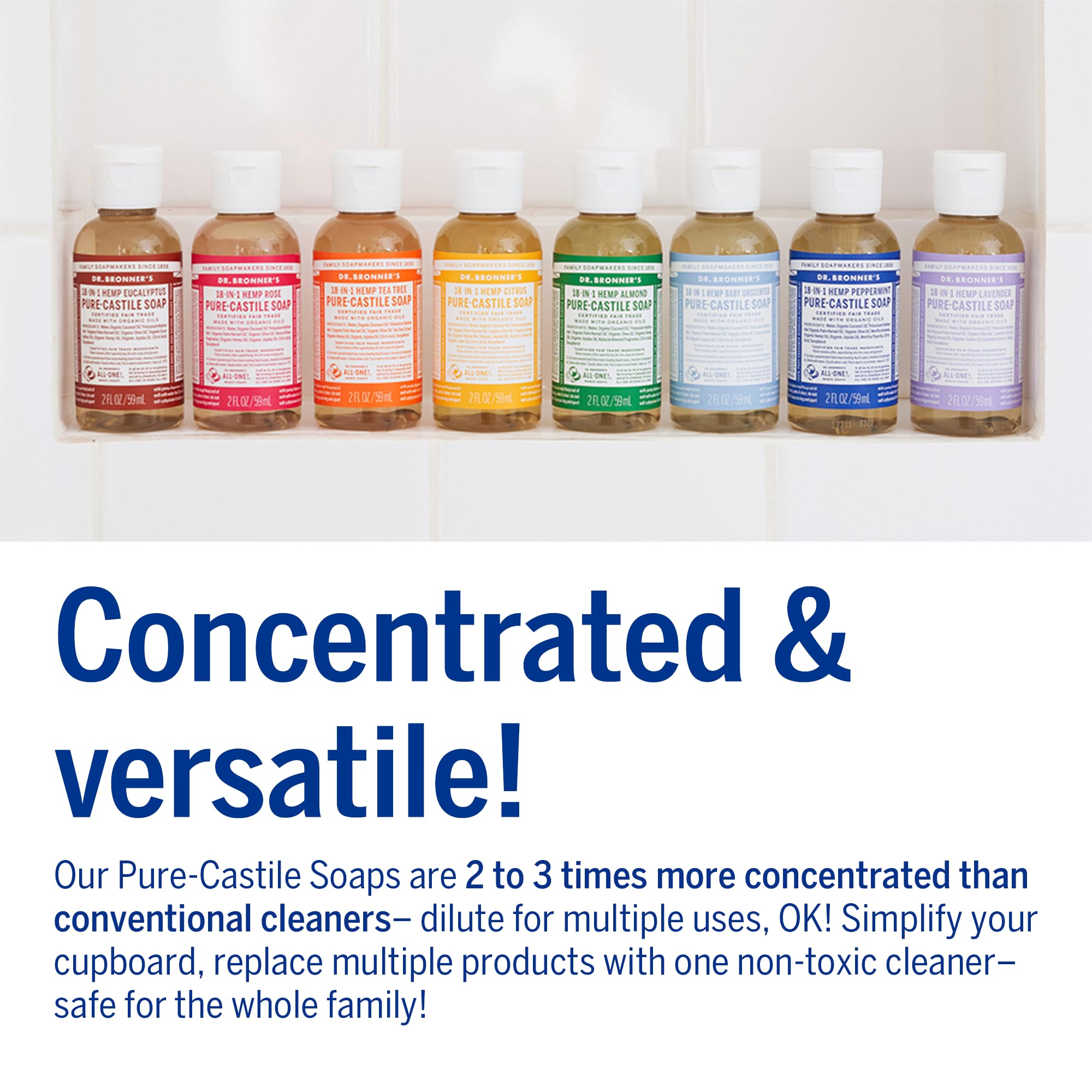 Dr. Bronner's concentrado 18 usos, solución única para rostro, cuerpo y hogar.