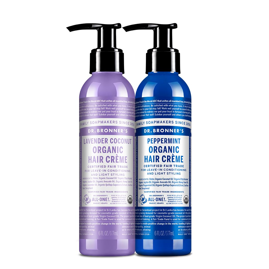Dr. Bronner's crema capilar orgánica en botella para aplicar suavemente.