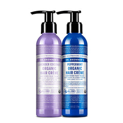 Dr. Bronner's crema capilar orgánica en botella para aplicar suavemente.