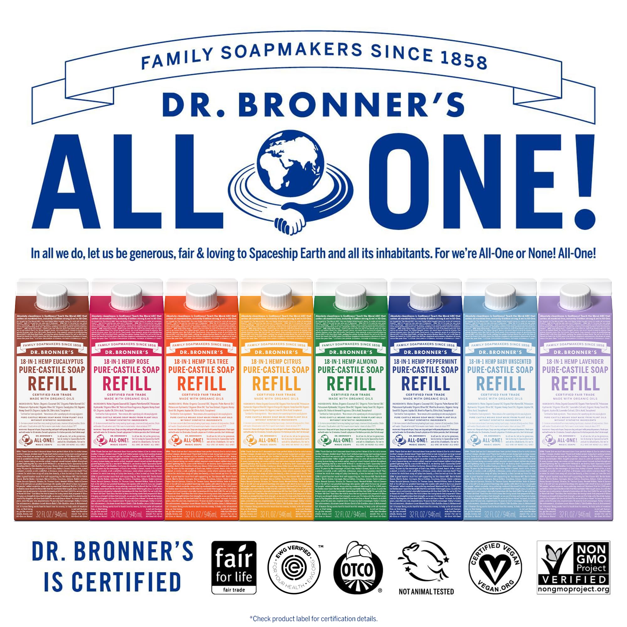 Dr. Bronner's envase de recarga con menos plástico para reducir residuos.