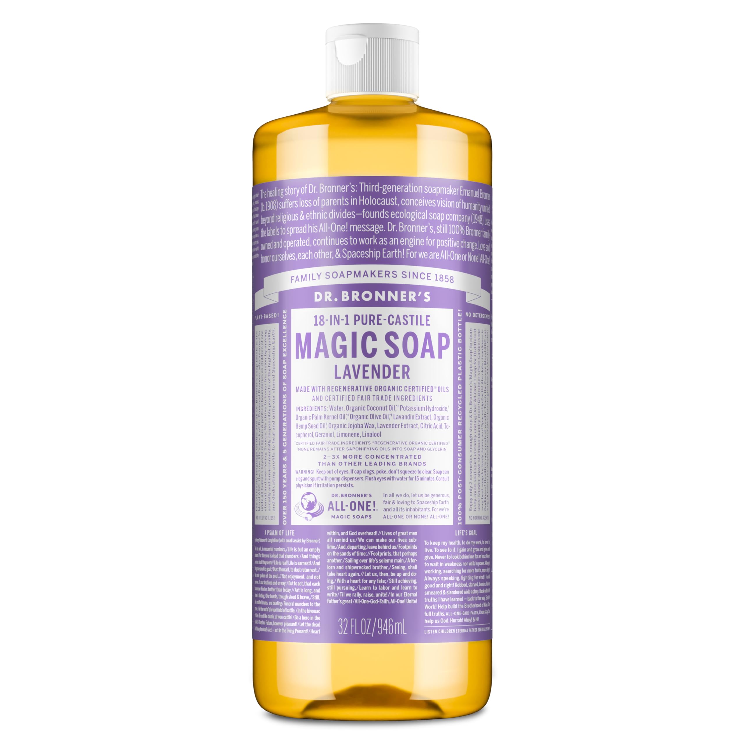 Dr. Bronner's Jabón Castile líquido Lavanda en botella, limpieza suave para piel y hogar.