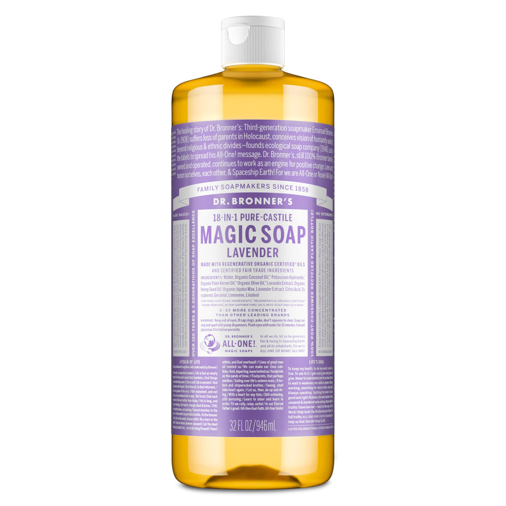 Dr. Bronner's Jabón Castile líquido Lavanda en botella, limpieza suave para piel y hogar.