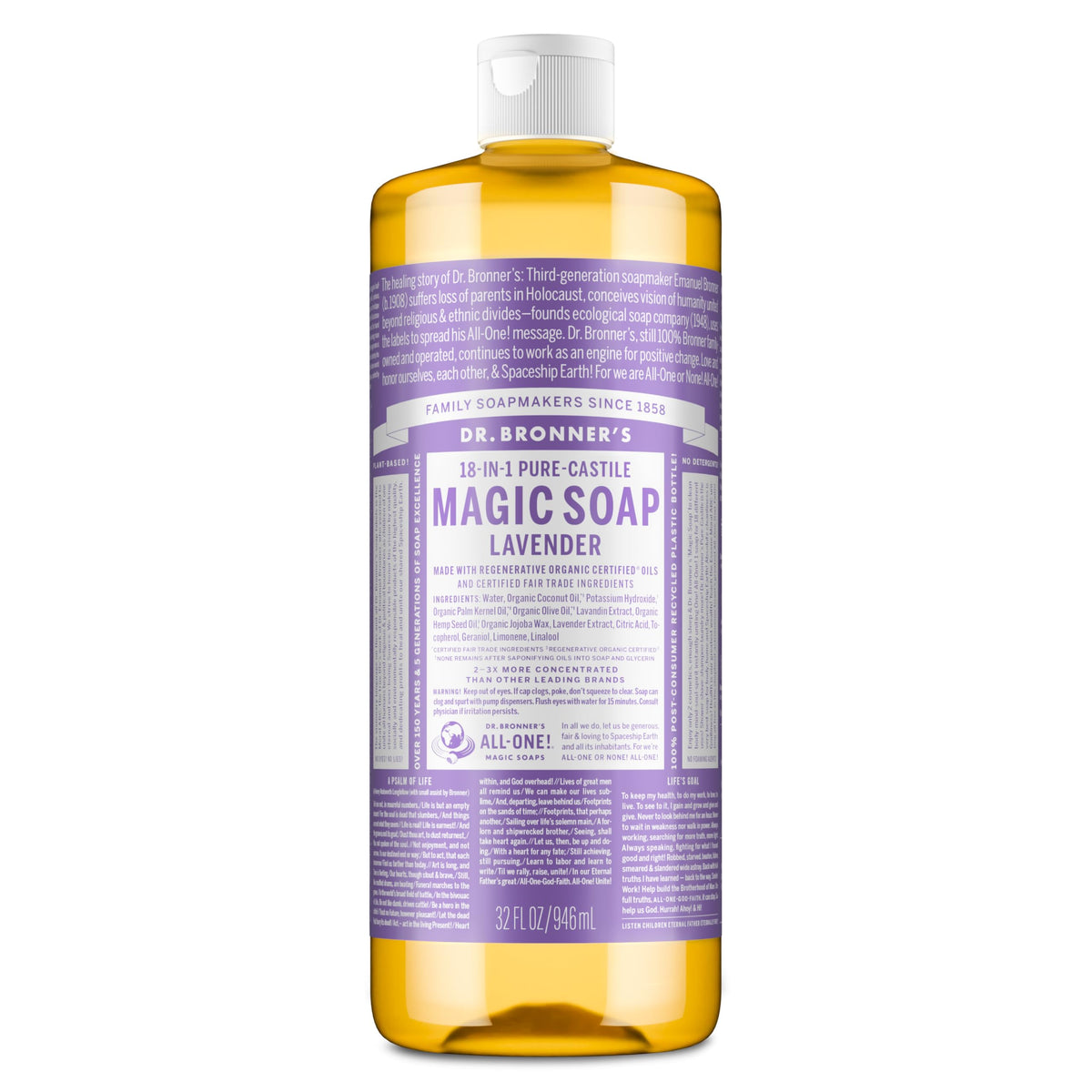 Dr. Bronner's Jabón Castile líquido Lavanda en botella, limpieza suave para piel y hogar.