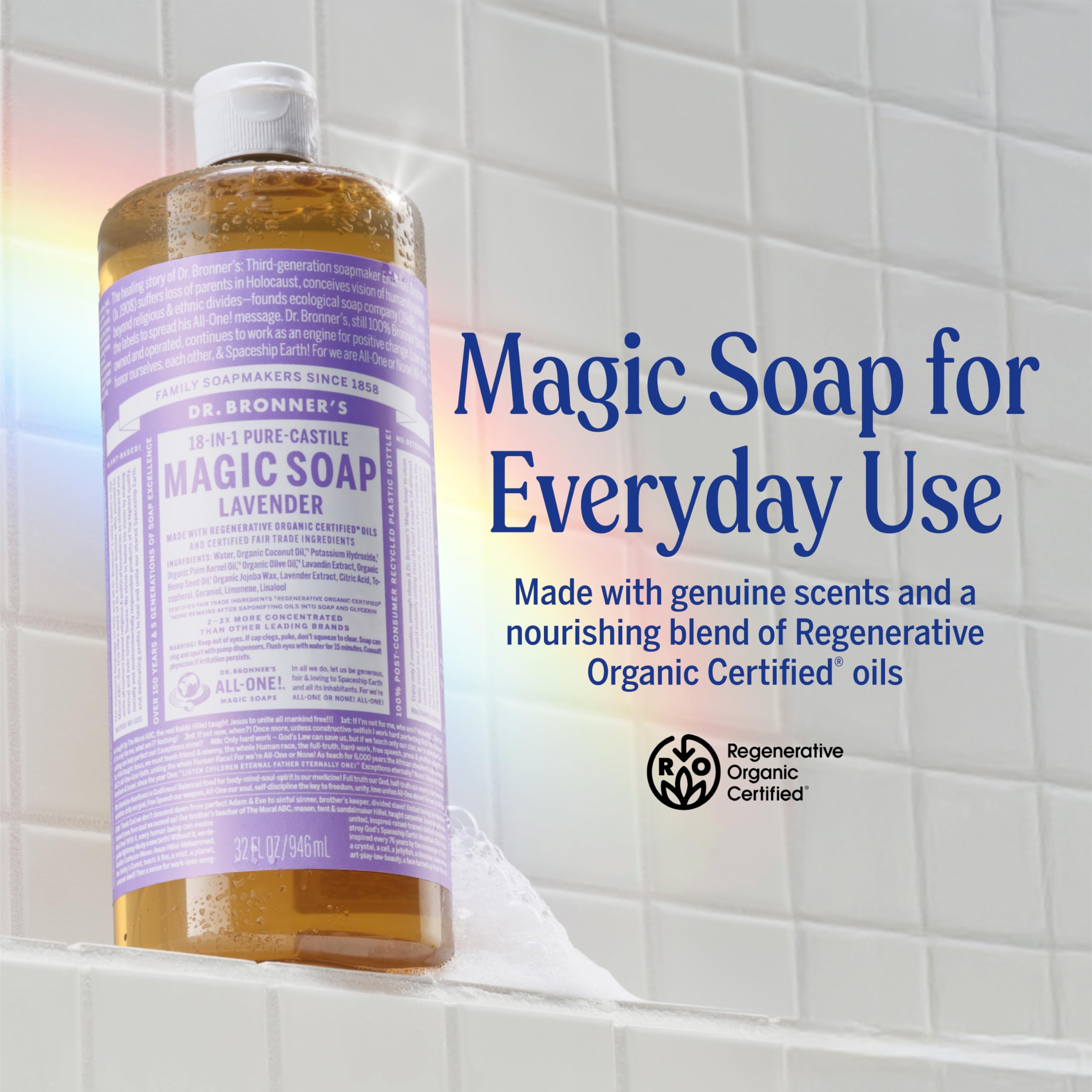 Dr. Bronner's Jabón Castile líquido Lavanda para uso facial suave.