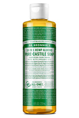 Jabón de Castilla Dr. Bronner's con aroma a almendra en botella, versátil para ducha diaria.