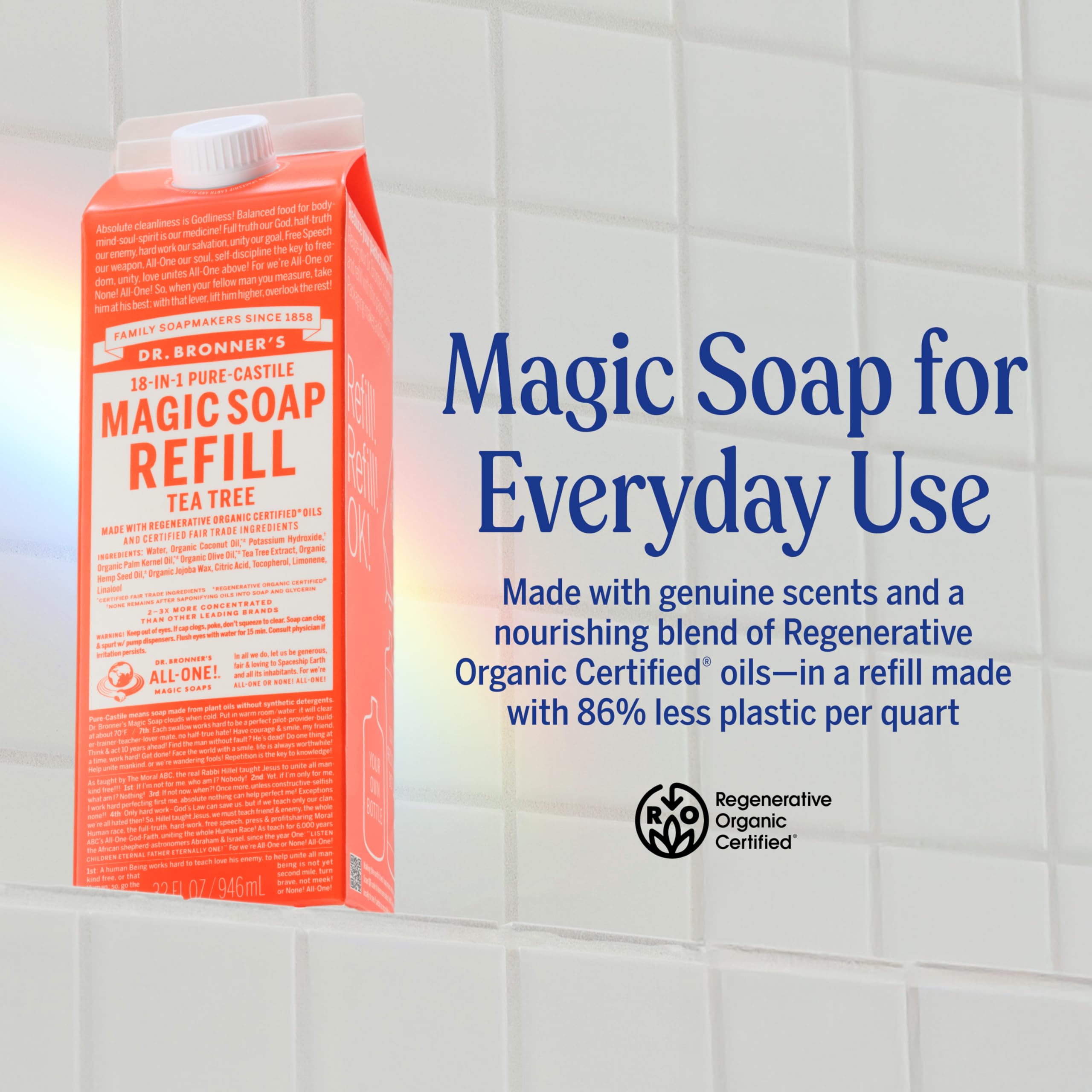 Uso corporal con espuma rica y aroma suave de Dr. Bronner’s árbol de té