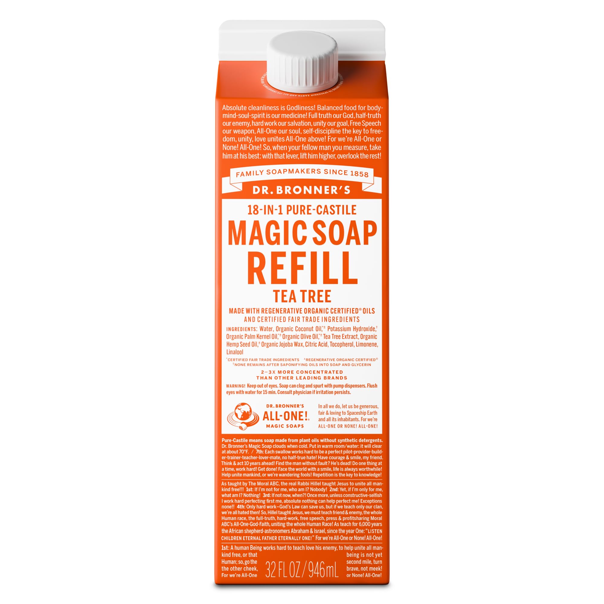 Jabón líquido Dr. Bronner’s árbol de té, refill de 32 oz, limpieza suave