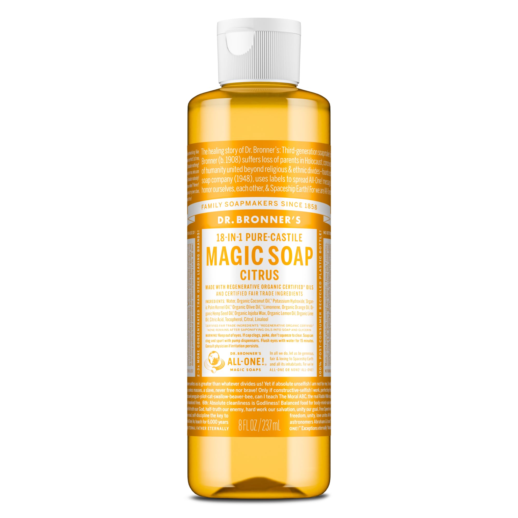Dr. Bronner's Jabón de Castilla cítrico, botella 8 oz, uso versátil para cara y cuerpo.