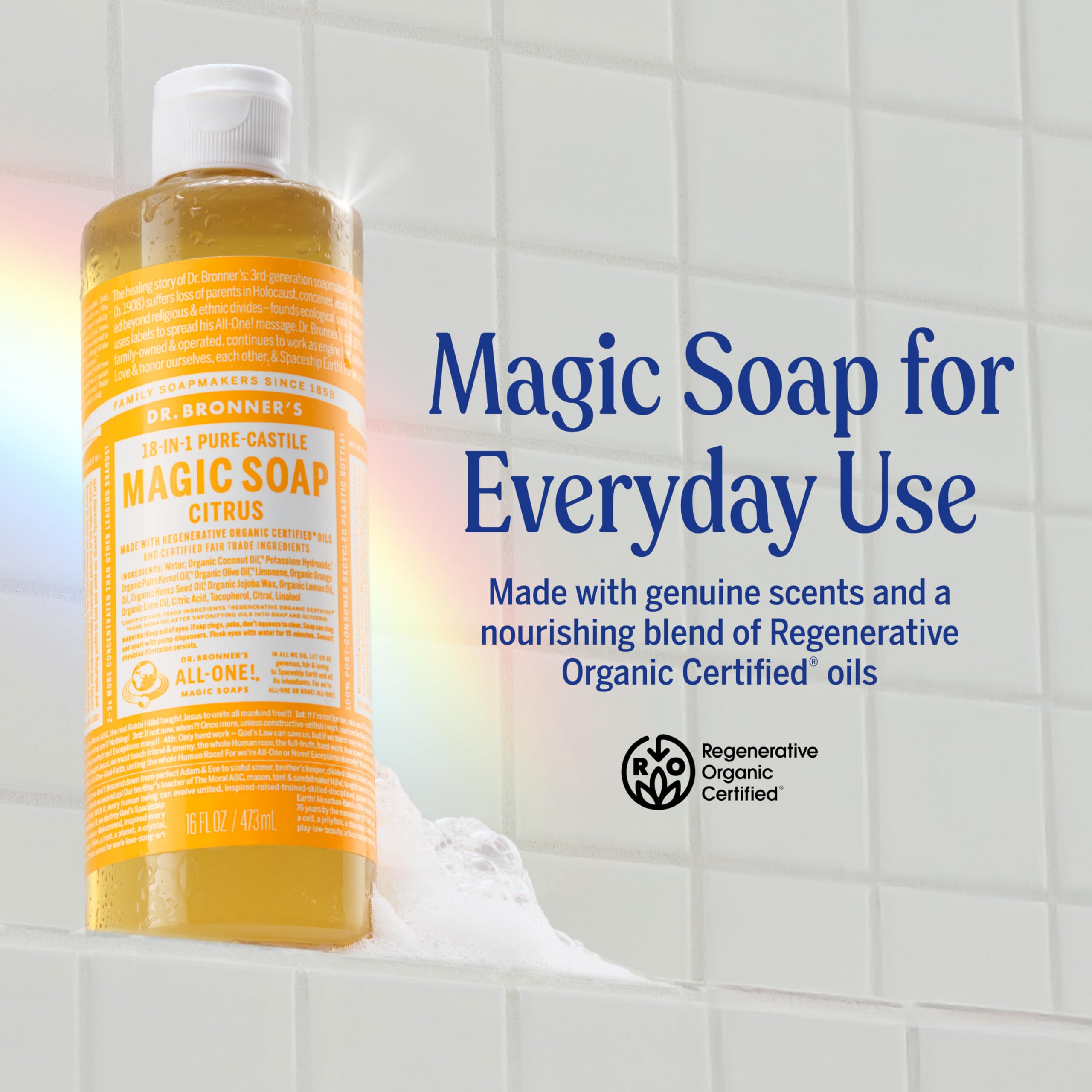 Dr. Bronner's Jabón de Castilla cítrico, espuma cremosa para ducha y exfoliación suave.