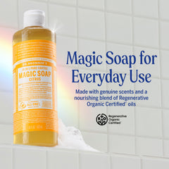 Dr. Bronner's Jabón de Castilla cítrico, espuma cremosa para ducha y exfoliación suave.