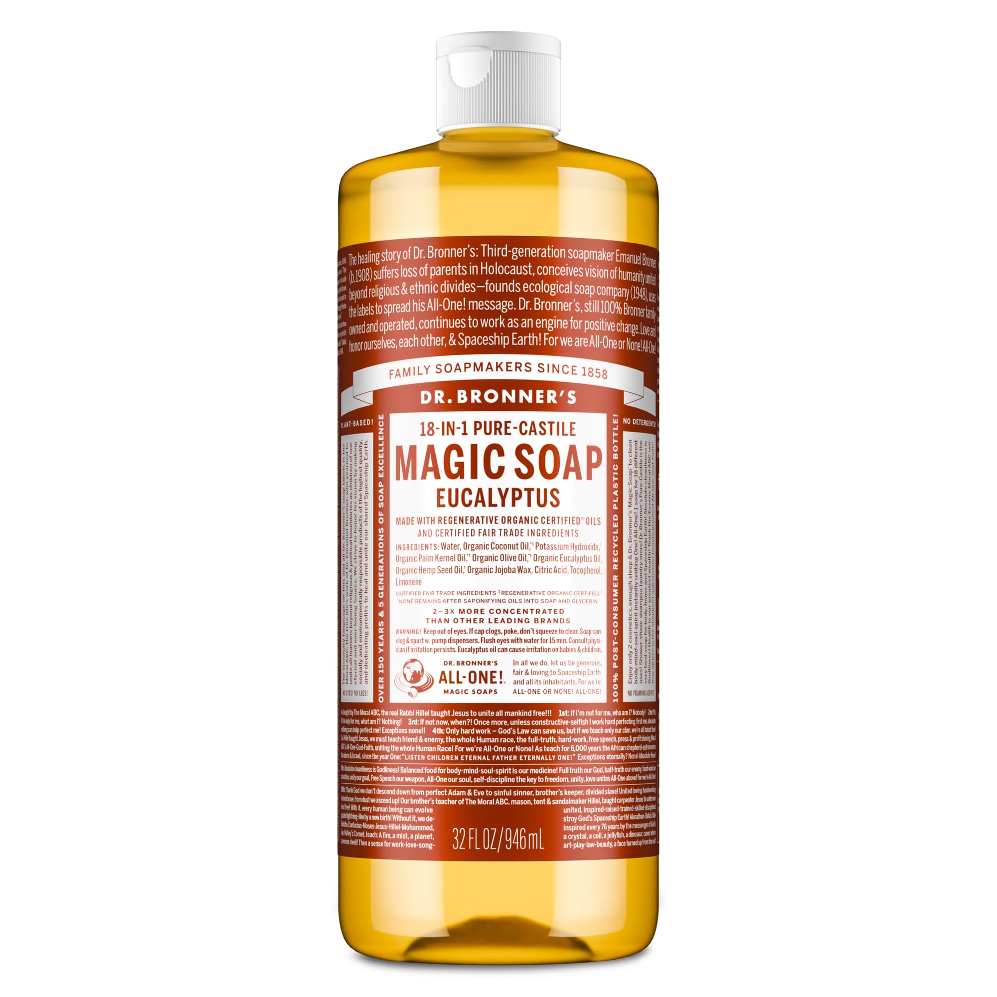 Jabón líquido castile de Dr. Bronner's con eucalipto, ideal para rostro y cuerpo.